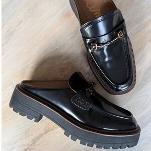 Sam Edelman Black Patent Leather Loafer Mules Lennon Lug Sole Women Size 9